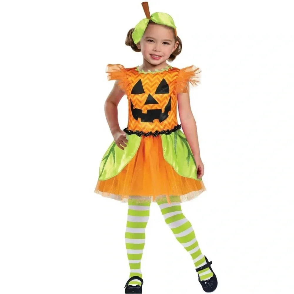 Jack O Lantern Costume Girls Size S 6/6X Dress Headband Pumpkin Halloween 001